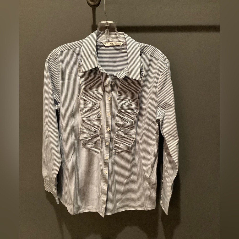TRINA TURK Blue and White Striped Blouse